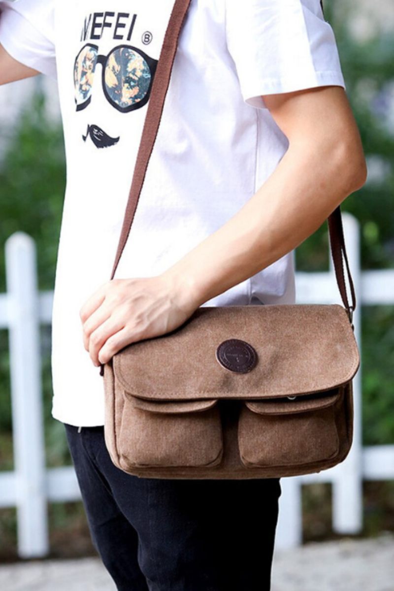 Messenger-tasker Til Mænd Lærredsskuldertaske Casual Style-taske Solid Crossbody-taske Retro Små Tasker - Sort