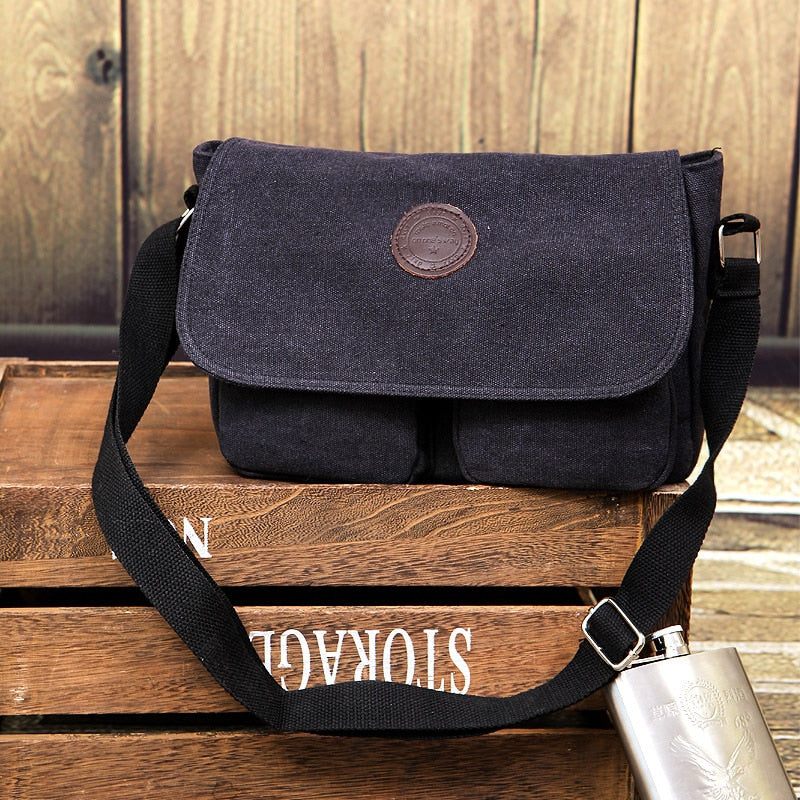 Messenger-tasker Til Mænd Lærredsskuldertaske Casual Style-taske Solid Crossbody-taske Retro Små Tasker - Sort