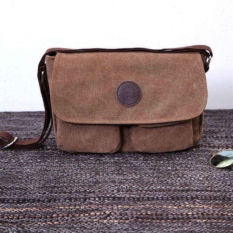 Messenger-tasker Til Mænd Lærredsskuldertaske Casual Style-taske Solid Crossbody-taske Retro Små Tasker - Sort
