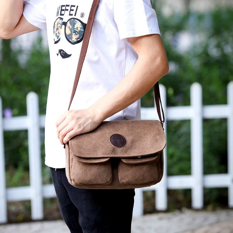 Messenger-tasker Til Mænd Lærredsskuldertaske Casual Style-taske Solid Crossbody-taske Retro Små Tasker - Sort
