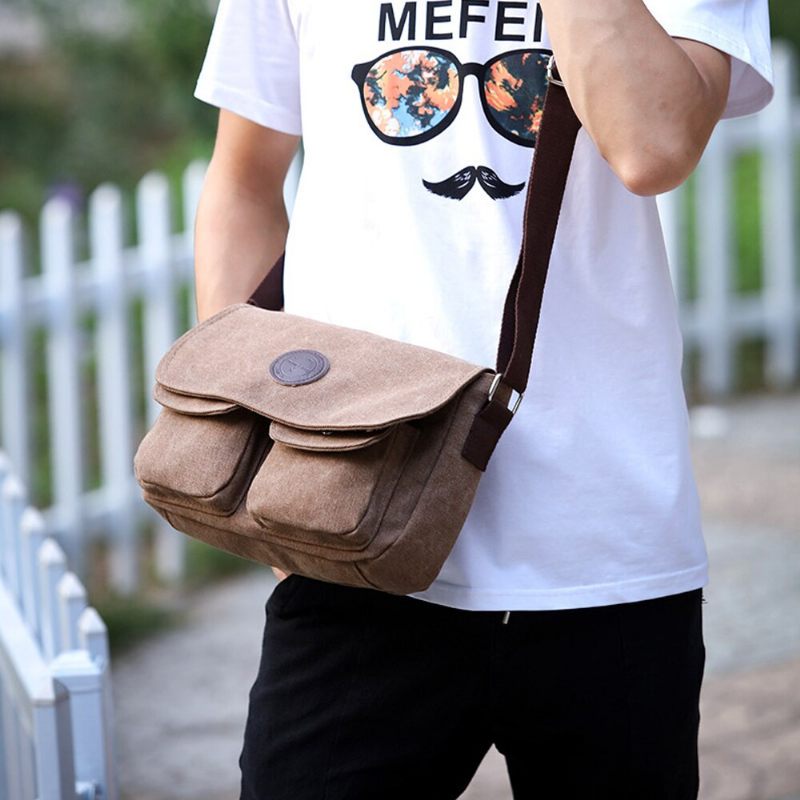 Messenger-tasker Til Mænd Lærredsskuldertaske Casual Style-taske Solid Crossbody-taske Retro Små Tasker - Sort