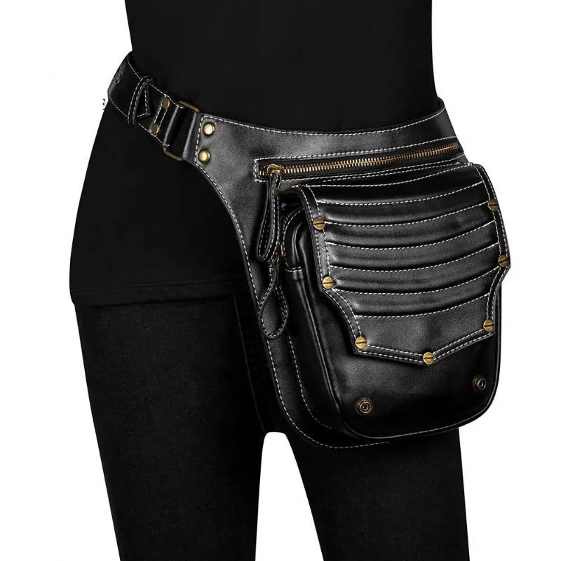 Punk Taske Kvinde Retro Outdoor Dame Trend Messenger Herre Skuldertaske Fanny Pack Ben Pouch Bum Bag Taljetaske - Sort