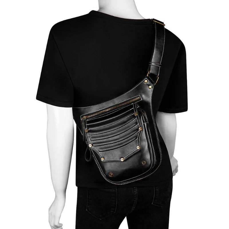 Punk Taske Kvinde Retro Outdoor Dame Trend Messenger Herre Skuldertaske Fanny Pack Ben Pouch Bum Bag Taljetaske - Sort