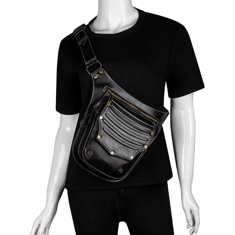 Punk Taske Kvinde Retro Outdoor Dame Trend Messenger Herre Skuldertaske Fanny Pack Ben Pouch Bum Bag Taljetaske - Sort