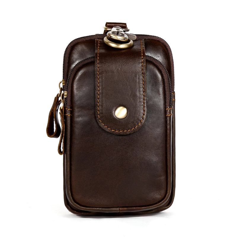 Taljetaske I Ægte Læder Fanny Pack Nøgletaske Til Mobiltelefon Vintage Bum Bæltetaske Krog Taljepakke - Sort