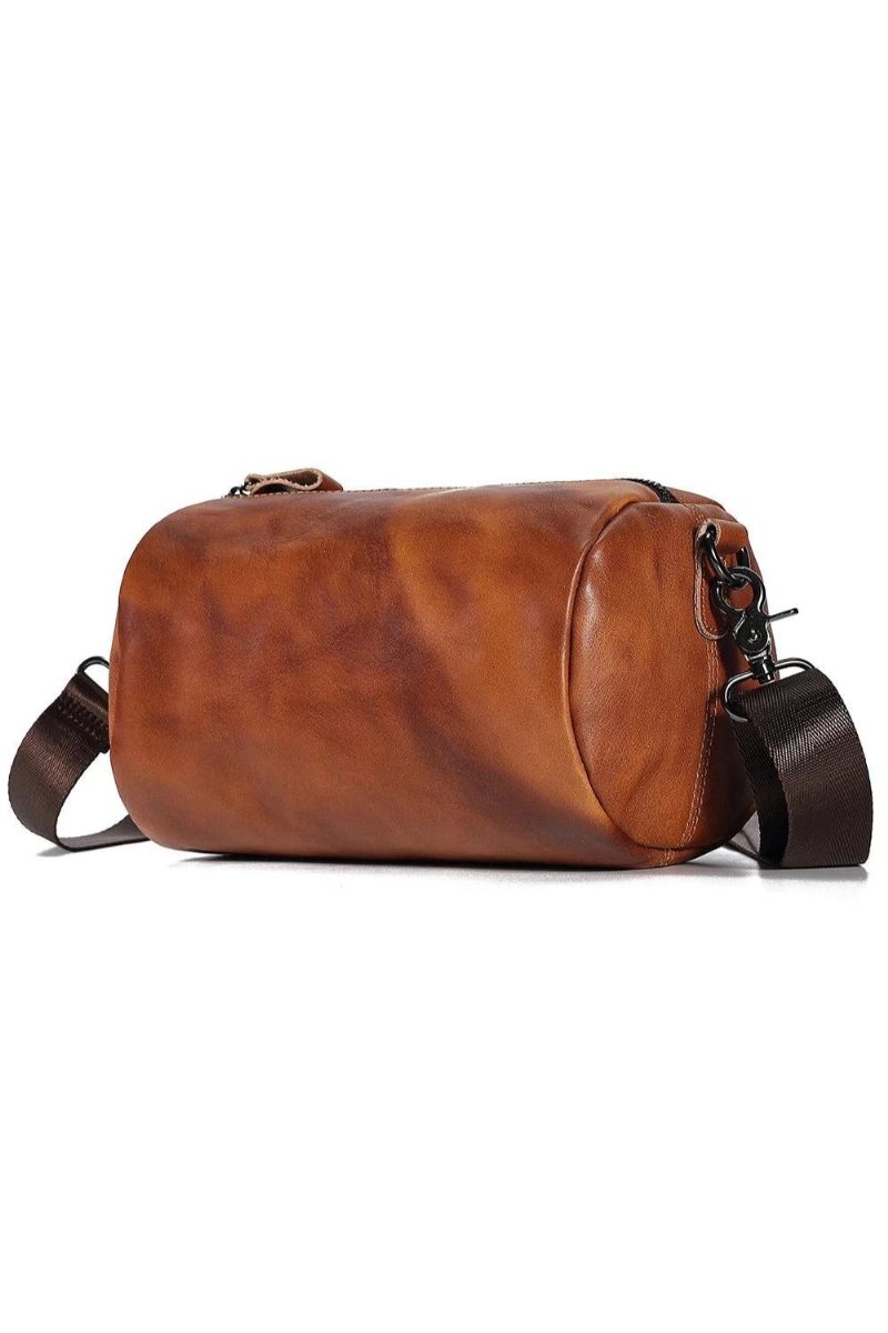 Vintage Ægte Læder Crossbody Taske Til Mænd Kvinder Cylindrisk Skuldertaske Designer Small Messenger Bag
