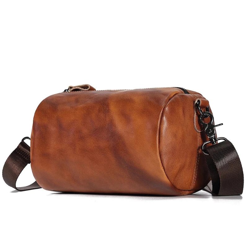 Vintage Ægte Læder Crossbody Taske Til Mænd Kvinder Cylindrisk Skuldertaske Designer Small Messenger Bag - Brun