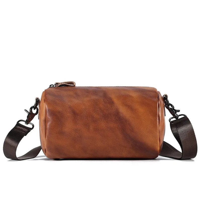 Vintage Ægte Læder Crossbody Taske Til Mænd Kvinder Cylindrisk Skuldertaske Designer Small Messenger Bag - Brun
