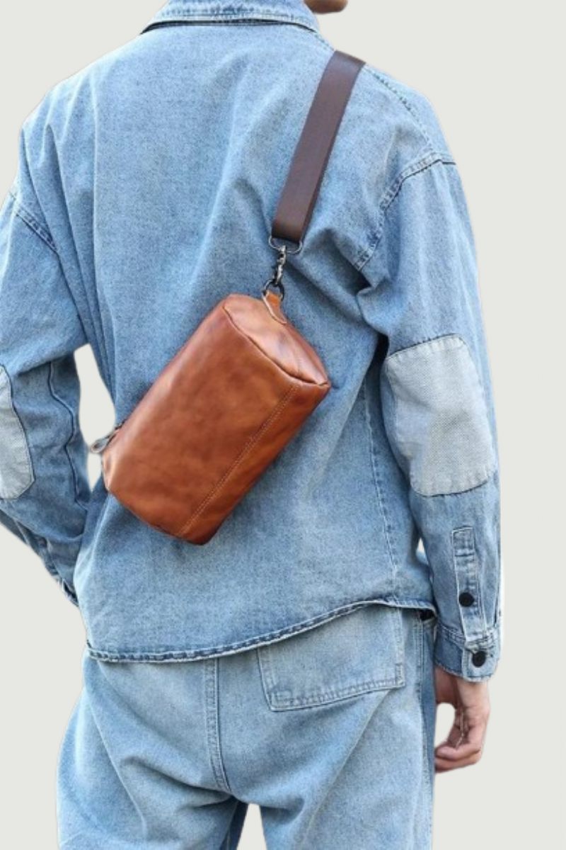 Vintage Ægte Læder Crossbody Taske Til Mænd Kvinder Cylindrisk Skuldertaske Designer Small Messenger Bag - Brun