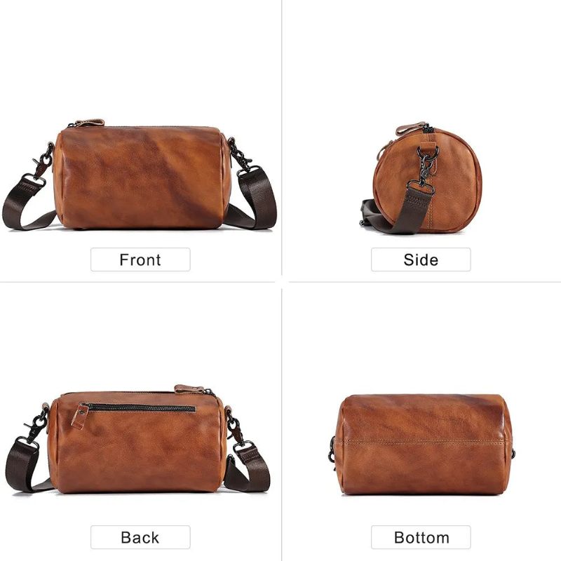 Vintage Ægte Læder Crossbody Taske Til Mænd Kvinder Cylindrisk Skuldertaske Designer Small Messenger Bag - Brun