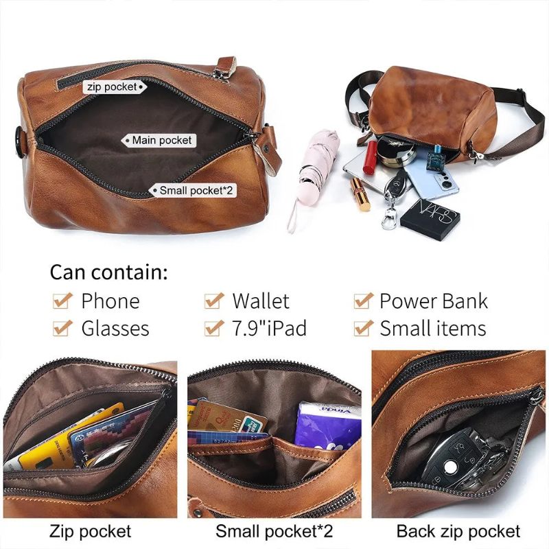 Vintage Ægte Læder Crossbody Taske Til Mænd Kvinder Cylindrisk Skuldertaske Designer Small Messenger Bag - Brun