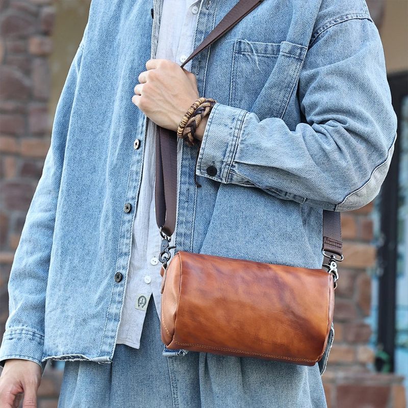 Vintage Ægte Læder Crossbody Taske Til Mænd Kvinder Cylindrisk Skuldertaske Designer Small Messenger Bag - Brun