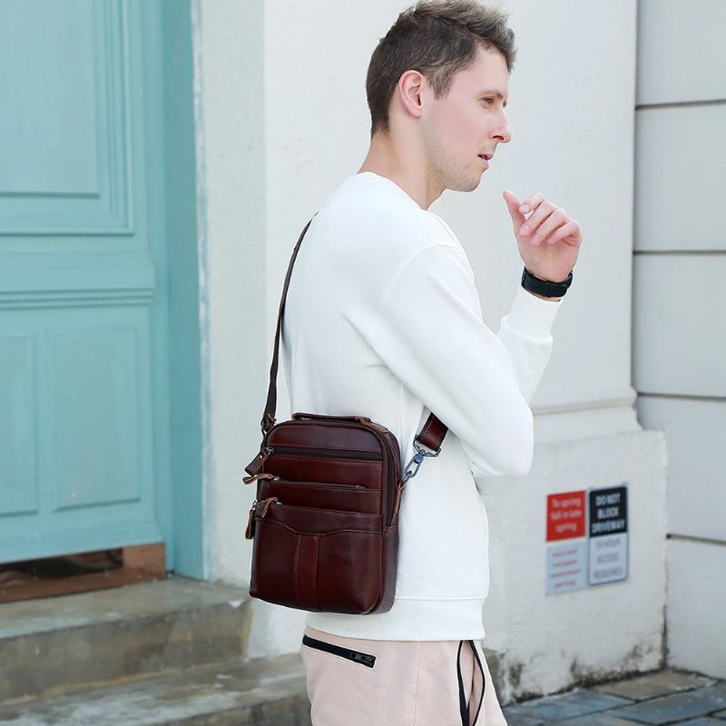 Vintage Skuldertaske I Ægte Læder Til Mænd Casual Håndtaske Til Crossbody Messenger-tasker I Naturlæder Til - Brun