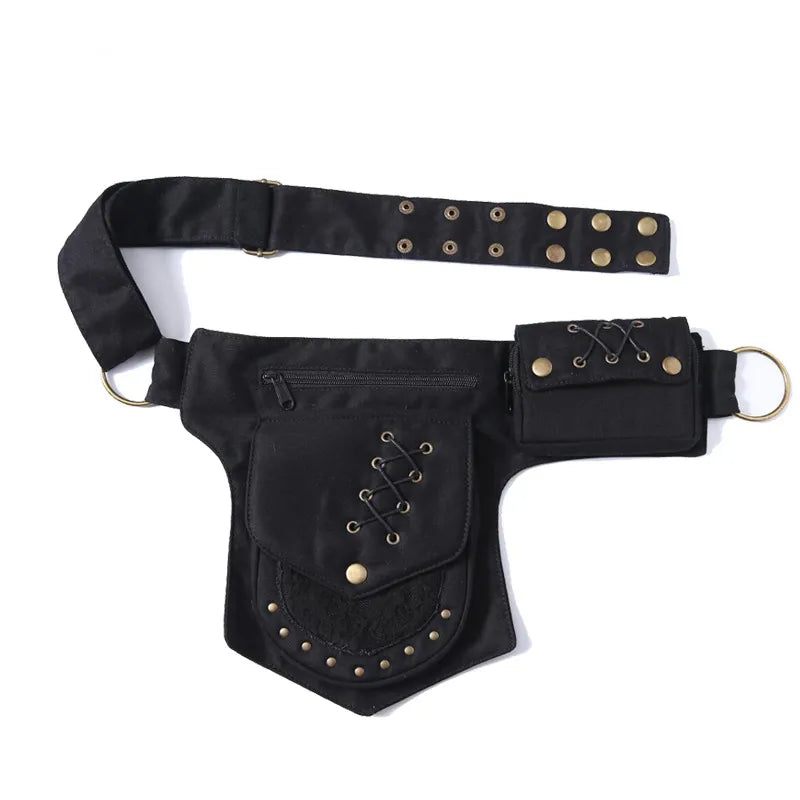Vintage Unisex Fanny Pack Taljetaske Med Flere Lommer Lærreds Hoftetaske Kvinder Brysttaske Bohemian Leg Telefontaske - Sort