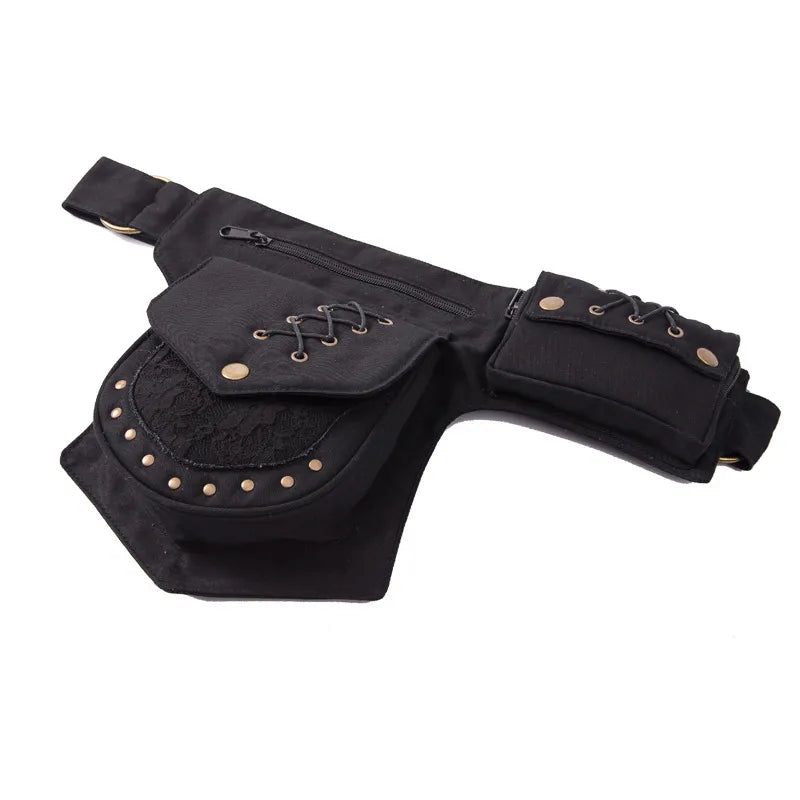Vintage Unisex Fanny Pack Taljetaske Med Flere Lommer Lærreds Hoftetaske Kvinder Brysttaske Bohemian Leg Telefontaske - Sort