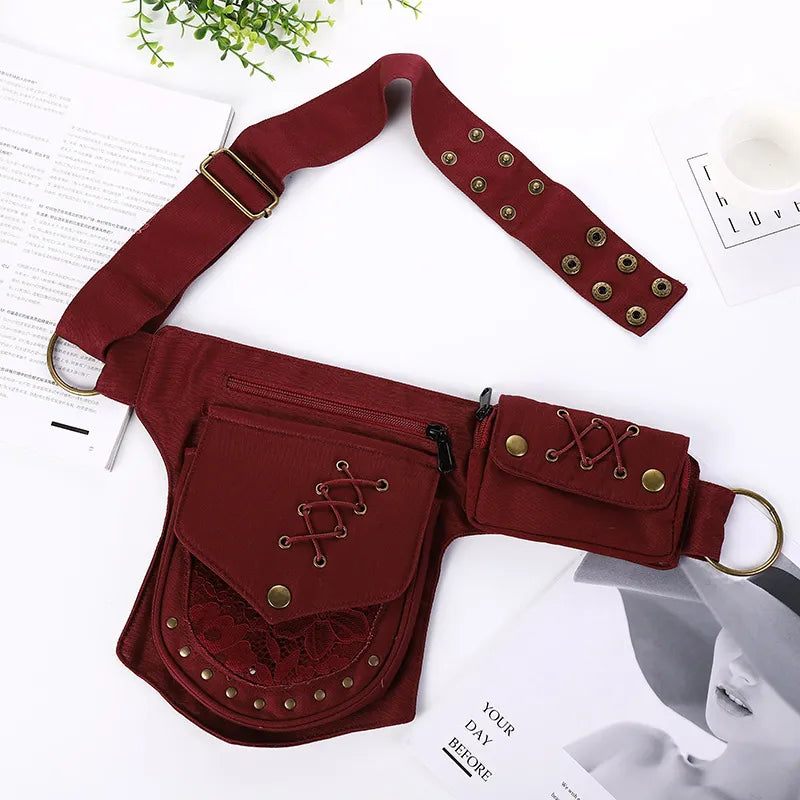 Vintage Unisex Fanny Pack Taljetaske Med Flere Lommer Lærreds Hoftetaske Kvinder Brysttaske Bohemian Leg Telefontaske - Sort