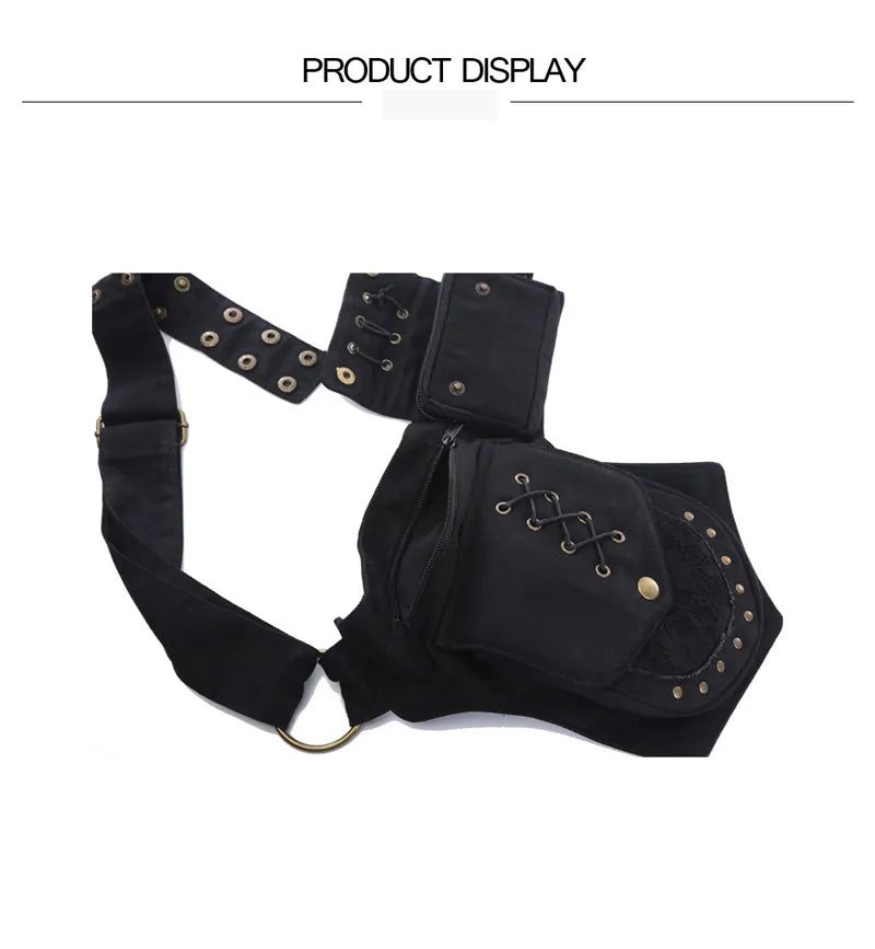 Vintage Unisex Fanny Pack Taljetaske Med Flere Lommer Lærreds Hoftetaske Kvinder Brysttaske Bohemian Leg Telefontaske - Sort