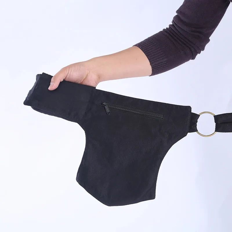 Vintage Unisex Fanny Pack Taljetaske Med Flere Lommer Lærreds Hoftetaske Kvinder Brysttaske Bohemian Leg Telefontaske - Sort