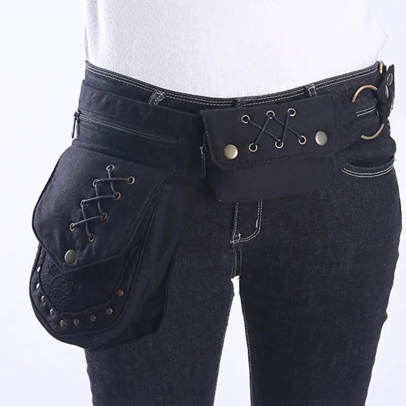 Vintage Unisex Fanny Pack Taljetaske Med Flere Lommer Lærreds Hoftetaske Kvinder Brysttaske Bohemian Leg Telefontaske - Sort