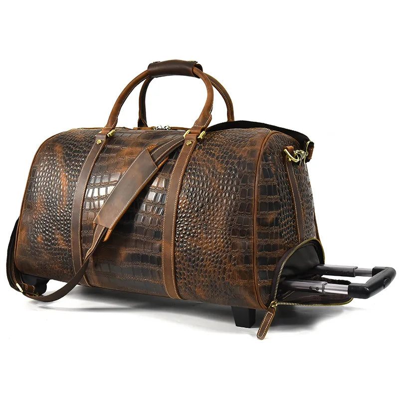 Ægte Læder Rejseduffel Med Hjul Kufferter Mandlige Business Trolley Case Stor Carry On Rolling Bagage Weekendtaske - Brun