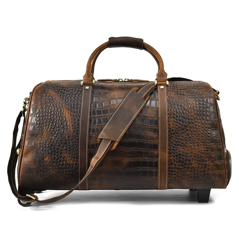 Ægte Læder Rejseduffel Med Hjul Kufferter Mandlige Business Trolley Case Stor Carry On Rolling Bagage Weekendtaske - Brun