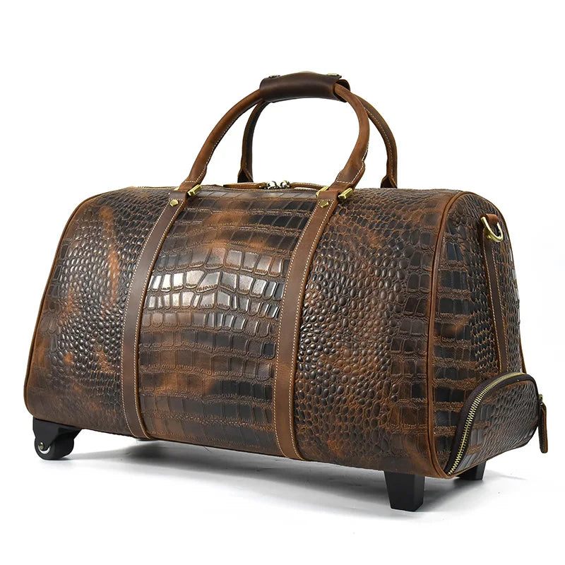 Ægte Læder Rejseduffel Med Hjul Kufferter Mandlige Business Trolley Case Stor Carry On Rolling Bagage Weekendtaske - Brun