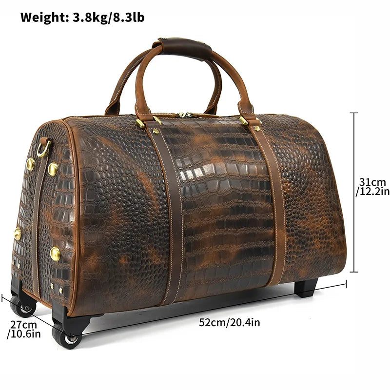 Ægte Læder Rejseduffel Med Hjul Kufferter Mandlige Business Trolley Case Stor Carry On Rolling Bagage Weekendtaske - Brun