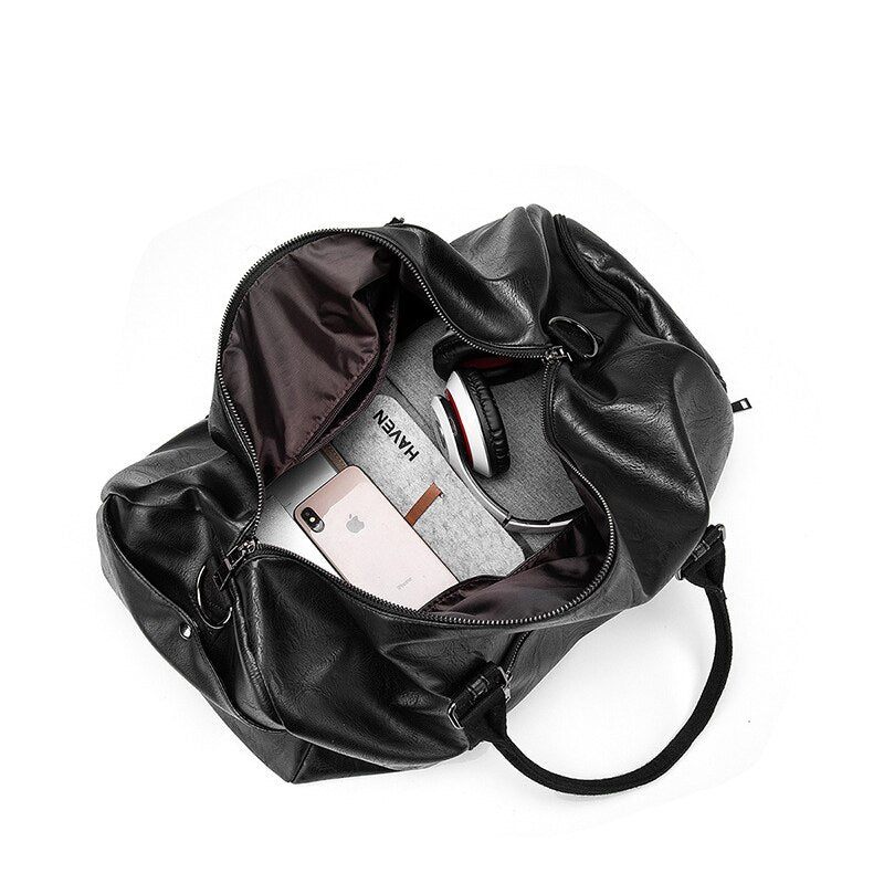Mænd Håndtaske Læder Stor Kapacitet Rejsetaske Skuldertaske Mandlige Duffle Tote Bag Casual Messenger Tasker - Sort