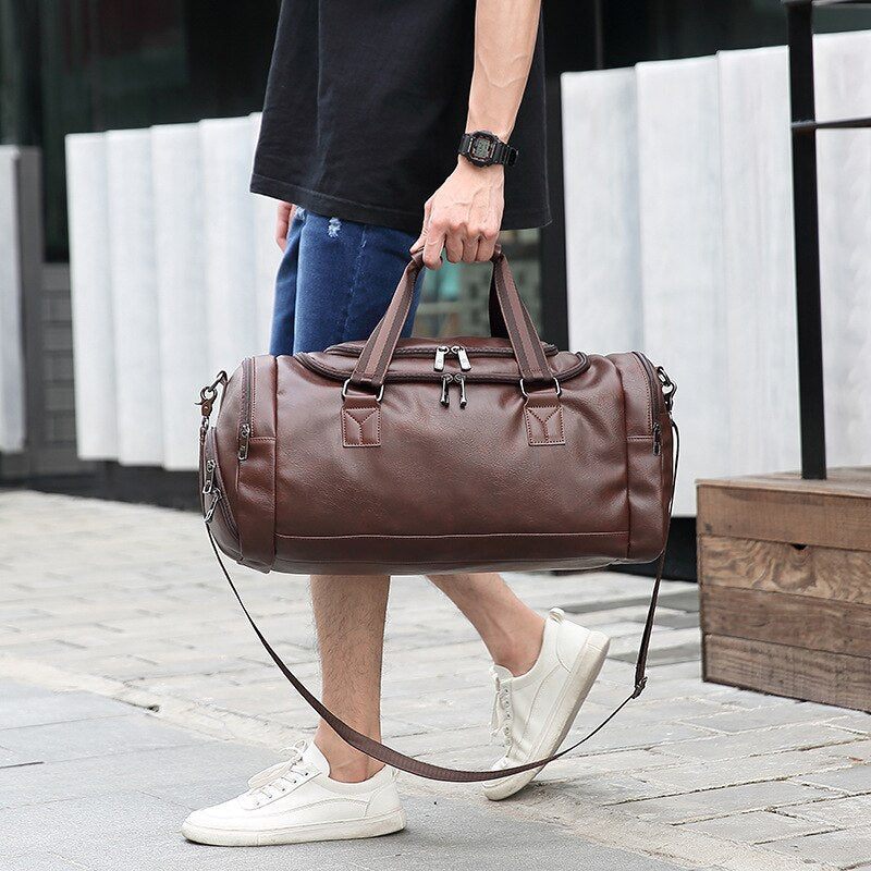 Mænd Håndtaske Læder Stor Kapacitet Rejsetaske Skuldertaske Mandlige Duffle Tote Bag Casual Messenger Tasker - Sort