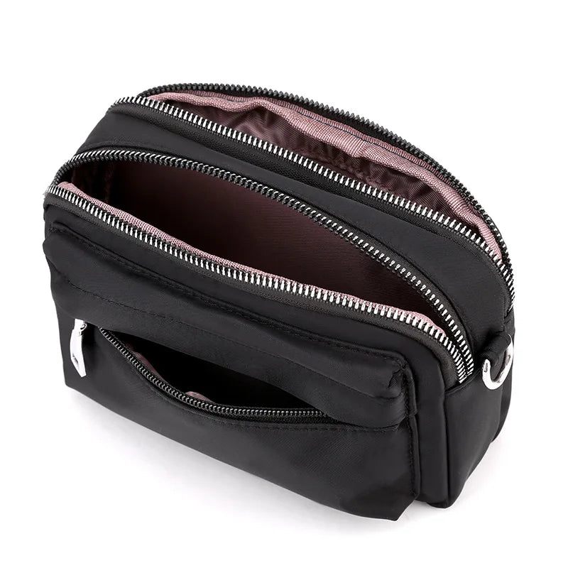Afslappet Mobiltelefon Taske Kvinde Nylon Clutch Let Vægt Udendørs Rejse Skuldertasker Solid Messenger Til Kvinder - Sort