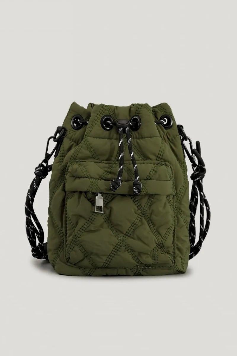 Afslappet Nylonpolstret Skuldertasker Til Kvinder Quiltet Snøre Crossbody-taske Vintage Bucket Bag Small Tote Kvindepunge Vinter