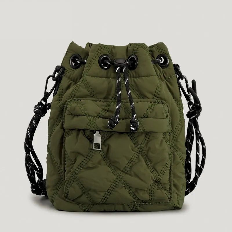 Afslappet Nylonpolstret Skuldertasker Til Kvinder Quiltet Snøre Crossbody-taske Vintage Bucket Bag Small Tote Kvindepunge Vinter - Sort