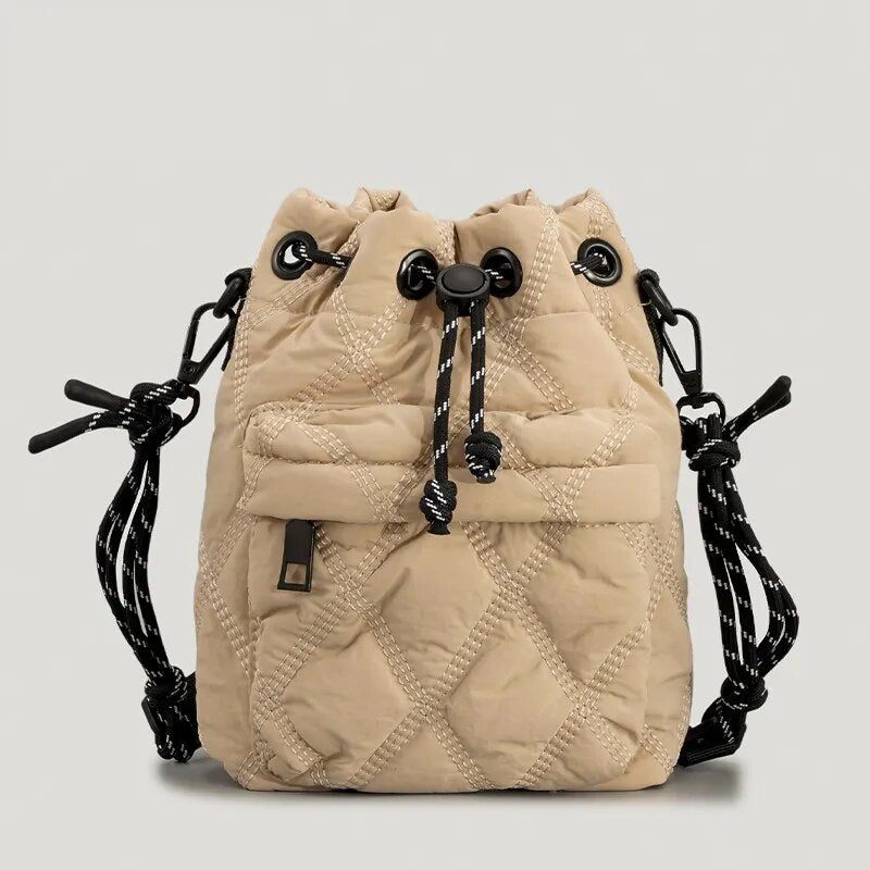 Afslappet Nylonpolstret Skuldertasker Til Kvinder Quiltet Snøre Crossbody-taske Vintage Bucket Bag Small Tote Kvindepunge Vinter - Sort