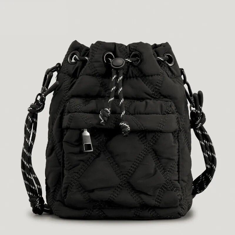 Afslappet Nylonpolstret Skuldertasker Til Kvinder Quiltet Snøre Crossbody-taske Vintage Bucket Bag Small Tote Kvindepunge Vinter - Sort