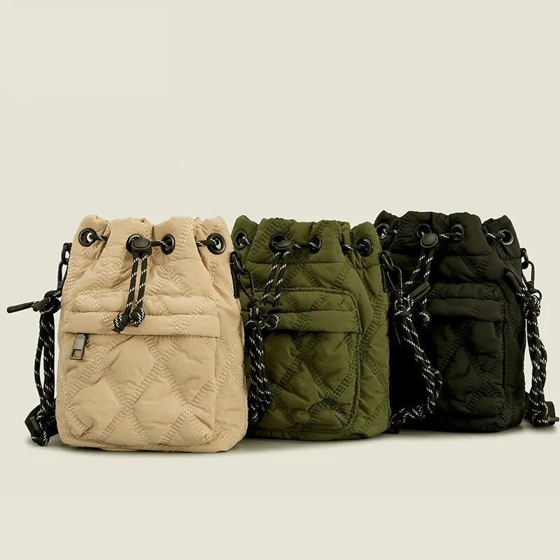 Afslappet Nylonpolstret Skuldertasker Til Kvinder Quiltet Snøre Crossbody-taske Vintage Bucket Bag Small Tote Kvindepunge Vinter - Sort