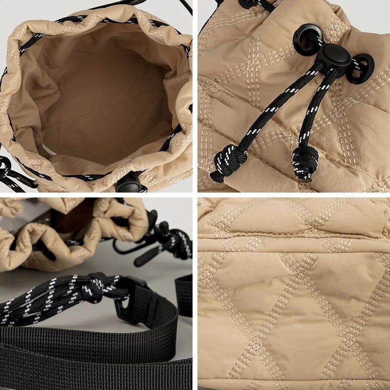 Afslappet Nylonpolstret Skuldertasker Til Kvinder Quiltet Snøre Crossbody-taske Vintage Bucket Bag Small Tote Kvindepunge Vinter - Sort