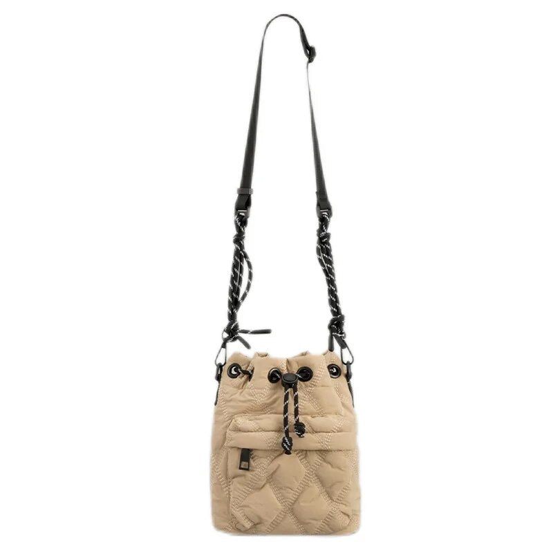 Afslappet Nylonpolstret Skuldertasker Til Kvinder Quiltet Snøre Crossbody-taske Vintage Bucket Bag Small Tote Kvindepunge Vinter - Sort