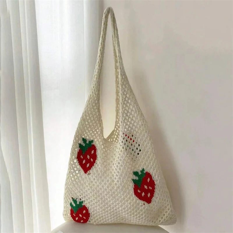 Kvinder Skuldertaske Med Stor Kapacitet Stilfuld Strawberry Pattern Hæklet Tote Bag All-match Taske Sød Fanny Pack Strikketaske - Jordbær