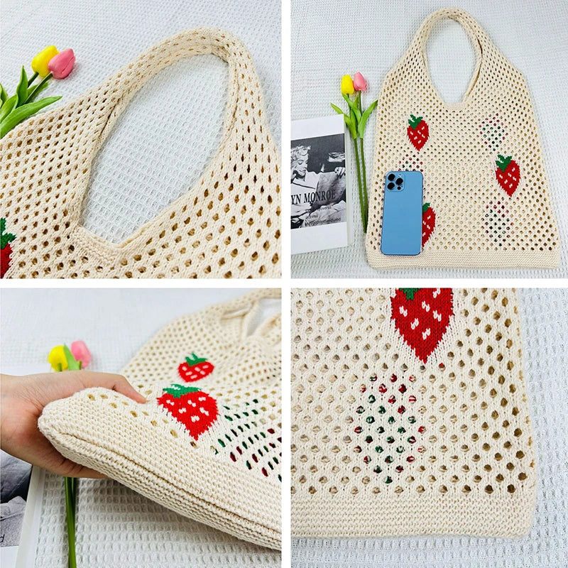 Kvinder Skuldertaske Med Stor Kapacitet Stilfuld Strawberry Pattern Hæklet Tote Bag All-match Taske Sød Fanny Pack Strikketaske - Jordbær