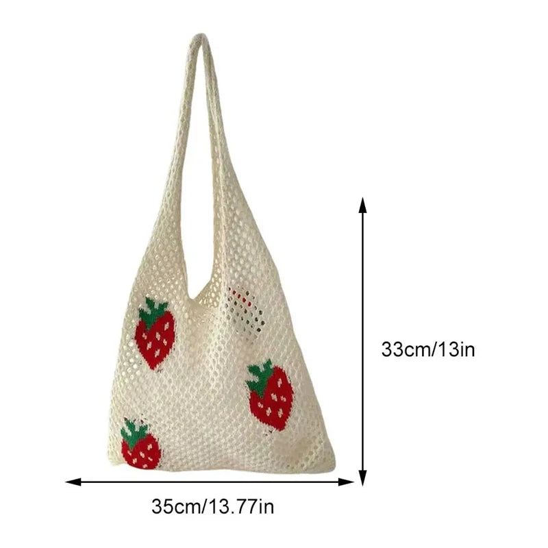 Kvinder Skuldertaske Med Stor Kapacitet Stilfuld Strawberry Pattern Hæklet Tote Bag All-match Taske Sød Fanny Pack Strikketaske - Jordbær