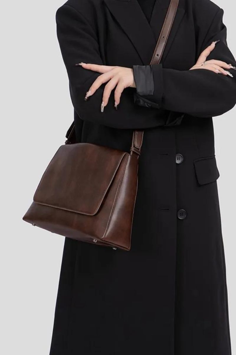 Simpel Retro Ægte Læder Dame Taske Håndtaske Lady Skulder Crossbody - Brun