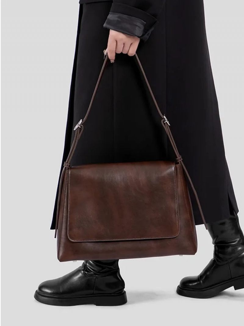 Simpel Retro Ægte Læder Dame Taske Håndtaske Lady Skulder Crossbody - Brun