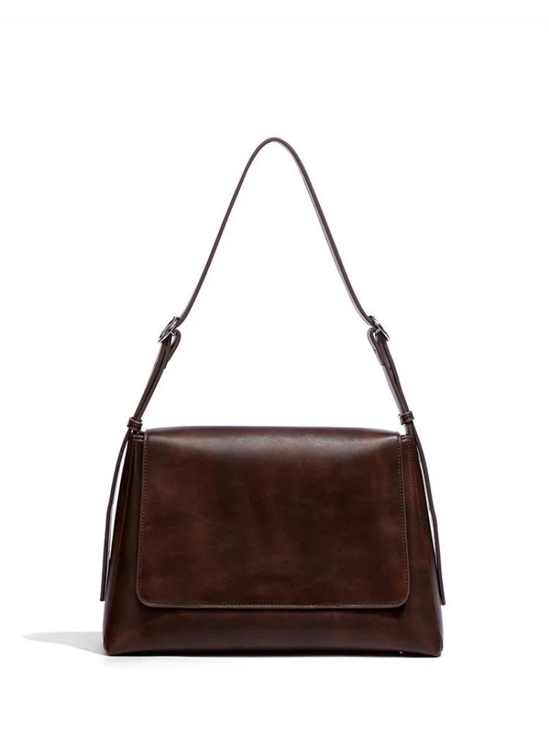 Simpel Retro Ægte Læder Dame Taske Håndtaske Lady Skulder Crossbody - Brun