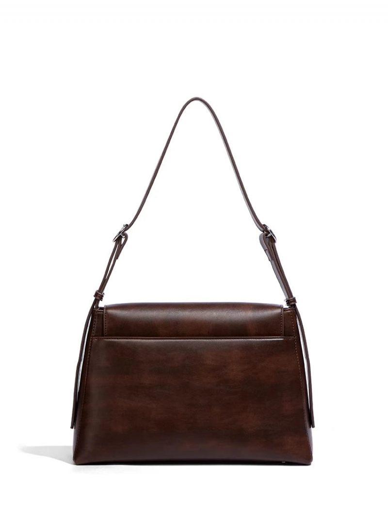 Simpel Retro Ægte Læder Dame Taske Håndtaske Lady Skulder Crossbody - Brun