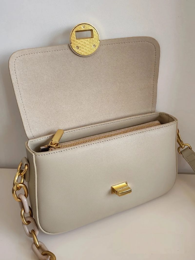 Simpel Solid Chain Strap Flap Taske Læder Skuldertasker Til Kvinder Damer Crossbody Bag Designer - Kaki