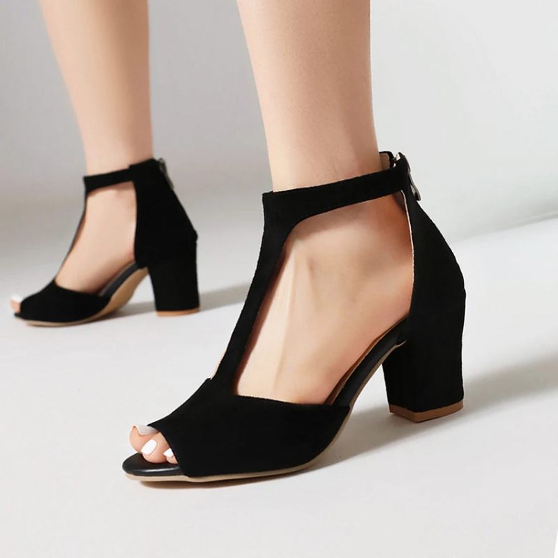 Dame T-strop Sandaler Sommer Højhælede Åben Tå Gladiator Chunky Hæl Sko Kvinde Party Pumps - Beige