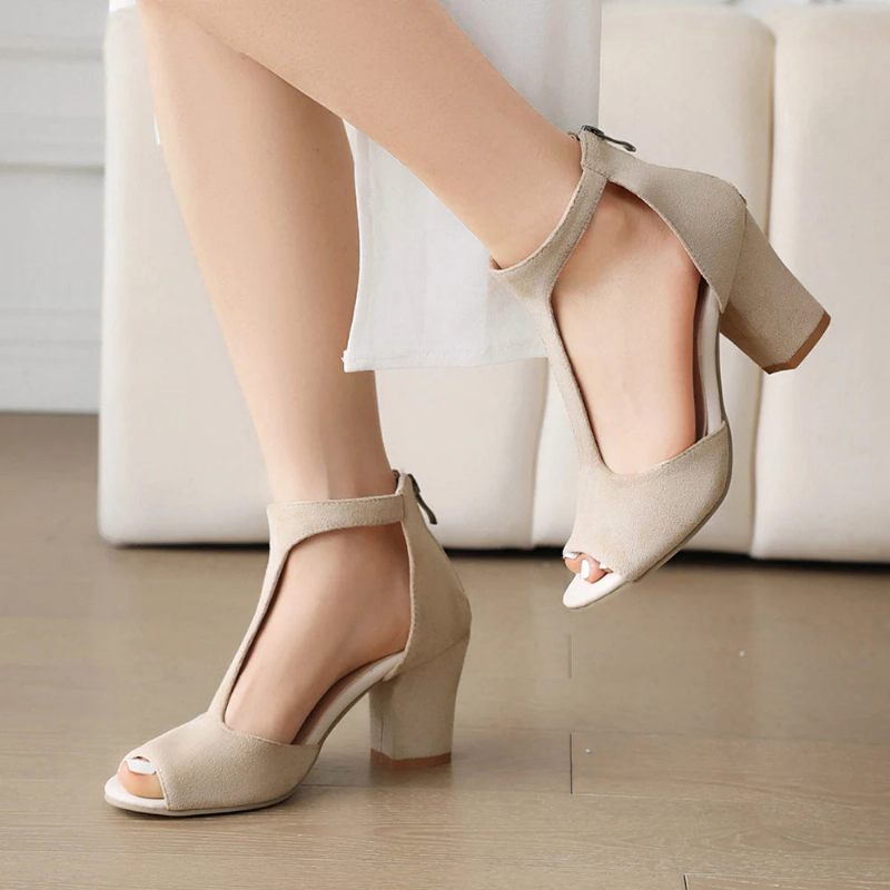 Dame T-strop Sandaler Sommer Højhælede Åben Tå Gladiator Chunky Hæl Sko Kvinde Party Pumps - Beige