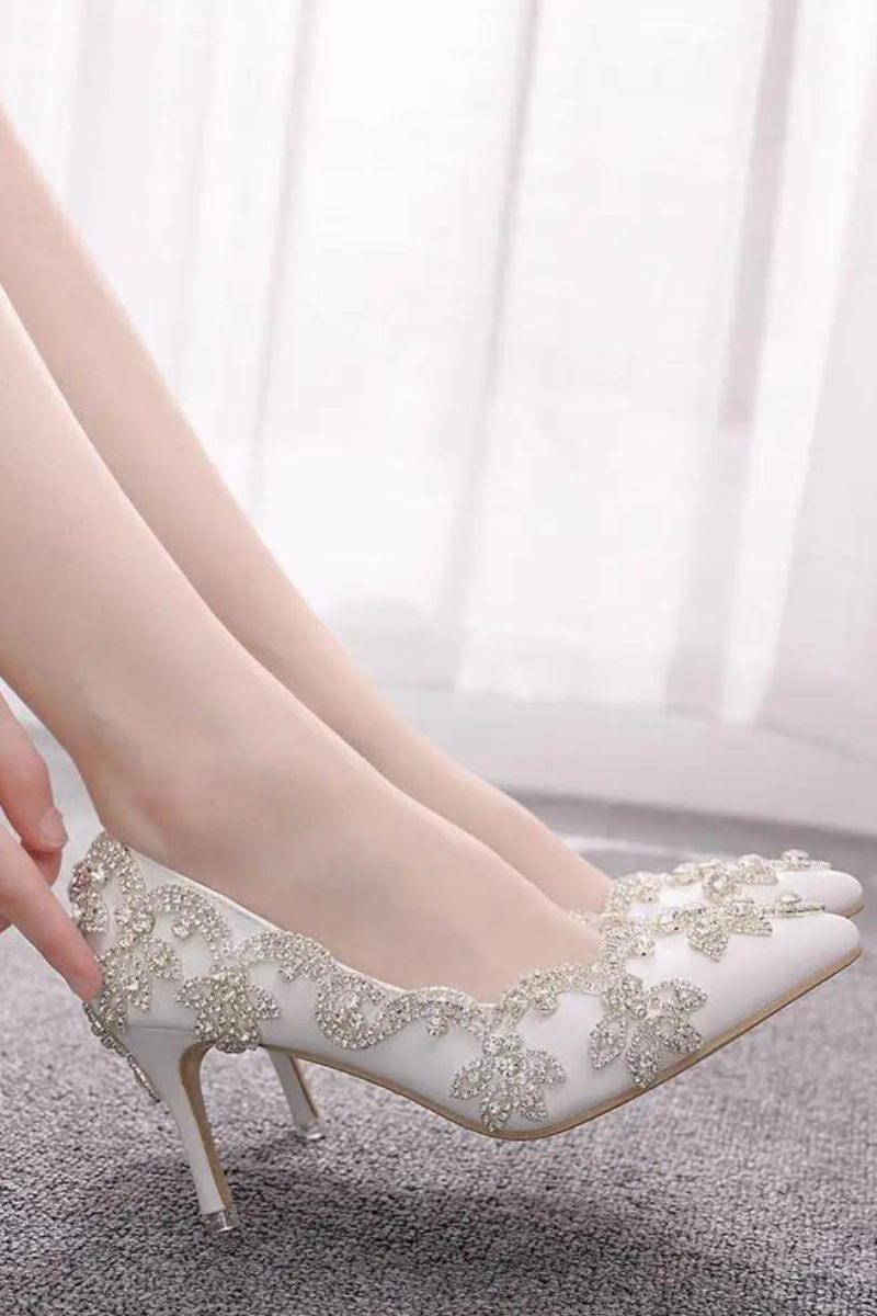 Damesko Højhælede Bryllup Tynd 7cm Hvid Diamant Glitrende Aftenkjole Bride Pumps