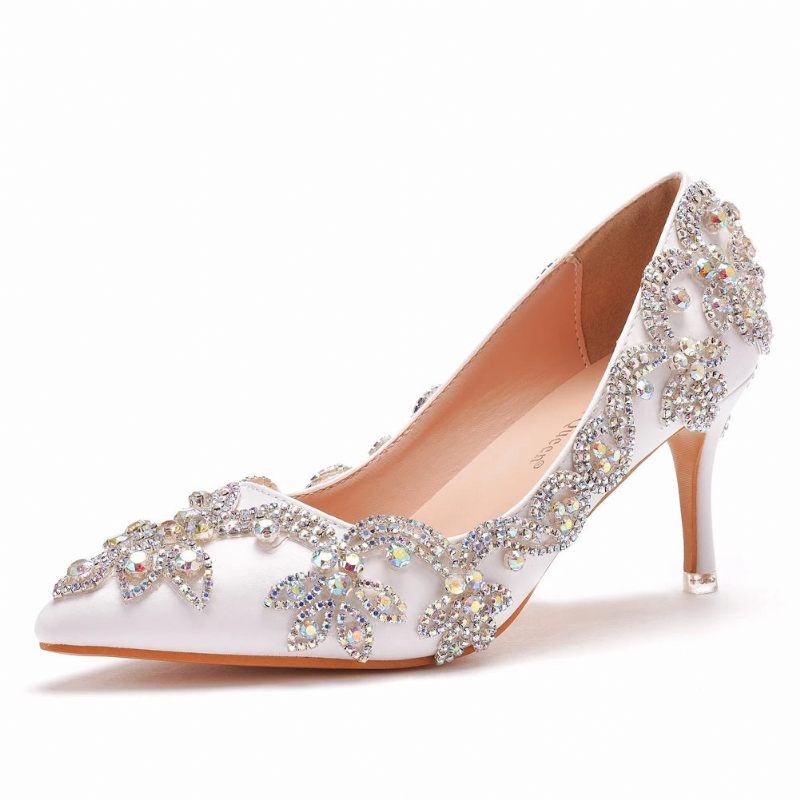 Damesko Højhælede Bryllup Tynd 7cm Hvid Diamant Glitrende Aftenkjole Bride Pumps - Hvid