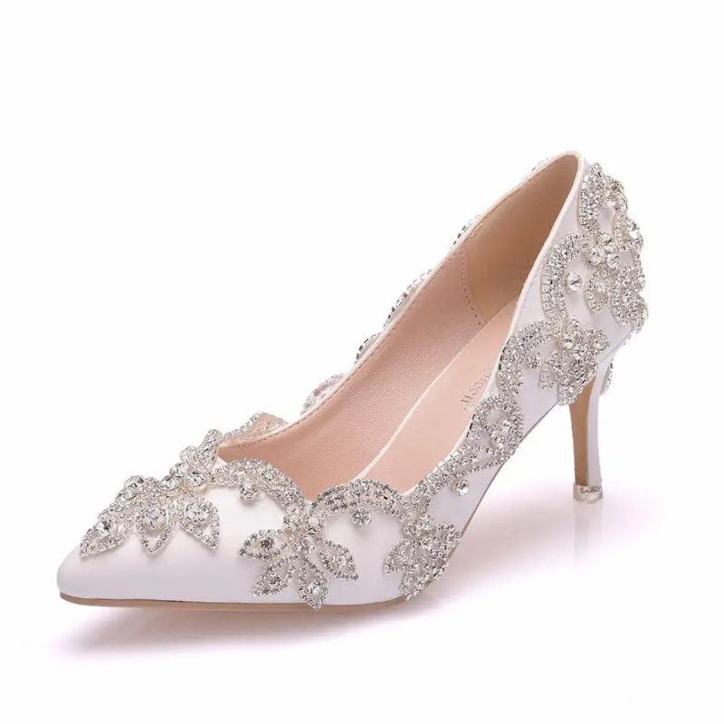 Damesko Højhælede Bryllup Tynd 7cm Hvid Diamant Glitrende Aftenkjole Bride Pumps - Hvid